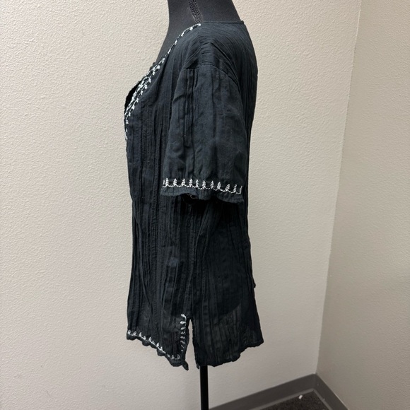 Cato Black White Embroidered Boho Peasant Top Pintuck Short Sleeve XL Tunic - Picture 4 of 13
